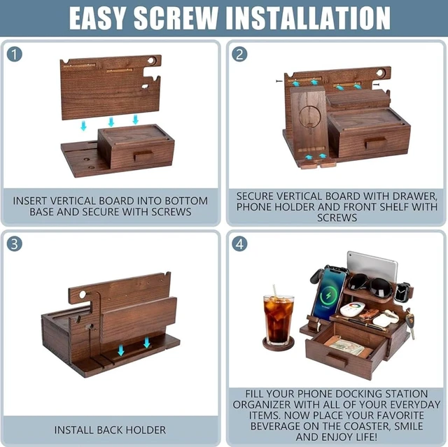Alt view image 6 of 7 - Wood Phone Docking Station with Drawer, Compatible with Watch - Wood Charging Station Organizer Stand, Bedside Nightstand Organizer for Men, Holds Phone, Tablet, Keys, Glasses, EDC