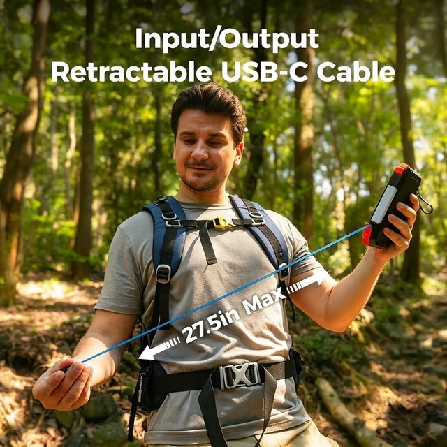 Alt view image 2 of 7 - Solar Power Bank Built-in Retractable Cable 20000mAh