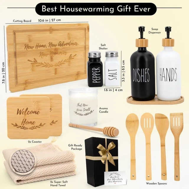 Alt view image 2 of 7 - House Warming Gifts New Home Home Essentials for New Home Gift Set Includes Scented Candle, Bamboo Cutting Board, Soap Set, Towels, Salt and Pepper Shaker Luxury New House Must Haves