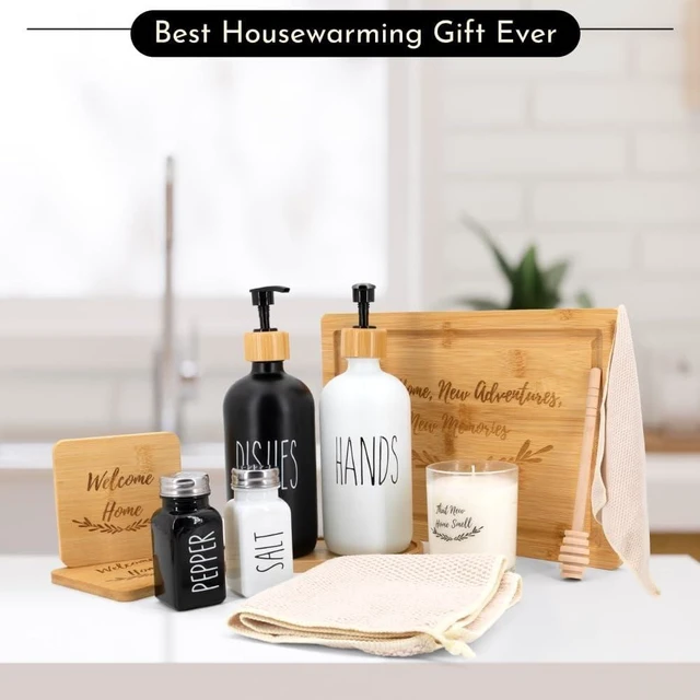 Alt view image 4 of 7 - House Warming Gifts New Home Home Essentials for New Home Gift Set Includes Scented Candle, Bamboo Cutting Board, Soap Set, Towels, Salt and Pepper Shaker Luxury New House Must Haves