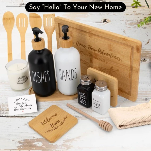 Alt view image 7 of 7 - House Warming Gifts New Home Home Essentials for New Home Gift Set Includes Scented Candle, Bamboo Cutting Board, Soap Set, Towels, Salt and Pepper Shaker Luxury New House Must Haves