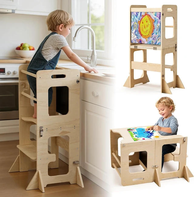 Main image of Toddler Standing Tower for 12M+, Montessori Foldable Learning Standing Tower with Blackboard, Anti-tip Structure Design,Wooden Kitchen Step Helper Stool for 1-3 Year Old Boy Girl Gift
