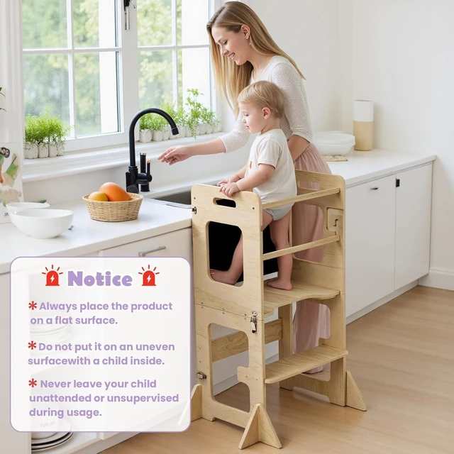 Alt view image 2 of 7 - Toddler Standing Tower for 12M+, Montessori Foldable Learning Standing Tower with Blackboard, Anti-tip Structure Design,Wooden Kitchen Step Helper Stool for 1-3 Year Old Boy Girl Gift