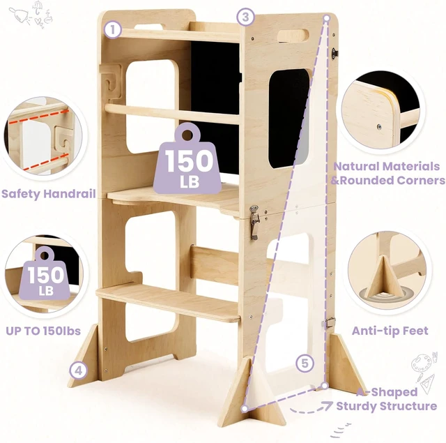 Alt view image 3 of 7 - Toddler Standing Tower for 12M+, Montessori Foldable Learning Standing Tower with Blackboard, Anti-tip Structure Design,Wooden Kitchen Step Helper Stool for 1-3 Year Old Boy Girl Gift