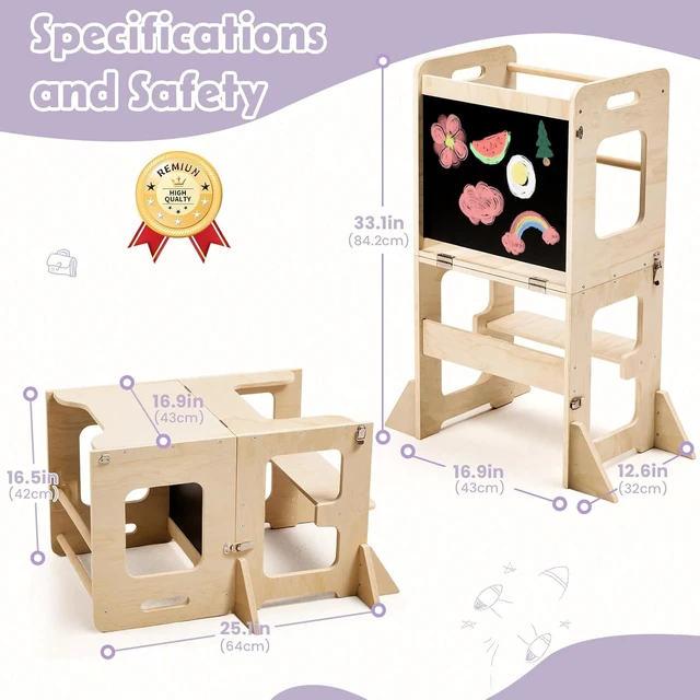 Alt view image 4 of 7 - Toddler Standing Tower for 12M+, Montessori Foldable Learning Standing Tower with Blackboard, Anti-tip Structure Design,Wooden Kitchen Step Helper Stool for 1-3 Year Old Boy Girl Gift