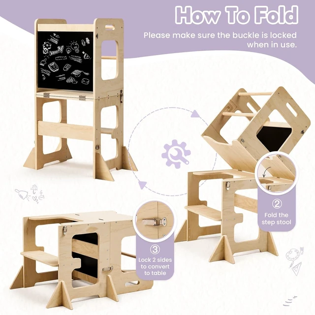 Alt view image 5 of 7 - Toddler Standing Tower for 12M+, Montessori Foldable Learning Standing Tower with Blackboard, Anti-tip Structure Design,Wooden Kitchen Step Helper Stool for 1-3 Year Old Boy Girl Gift