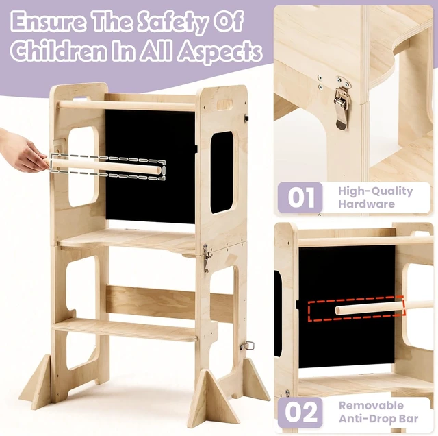 Alt view image 6 of 7 - Toddler Standing Tower for 12M+, Montessori Foldable Learning Standing Tower with Blackboard, Anti-tip Structure Design,Wooden Kitchen Step Helper Stool for 1-3 Year Old Boy Girl Gift
