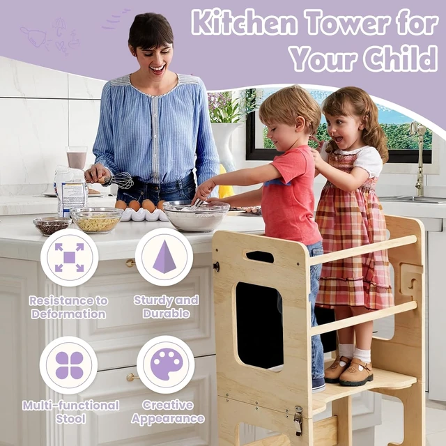 Alt view image 7 of 7 - Toddler Standing Tower for 12M+, Montessori Foldable Learning Standing Tower with Blackboard, Anti-tip Structure Design,Wooden Kitchen Step Helper Stool for 1-3 Year Old Boy Girl Gift