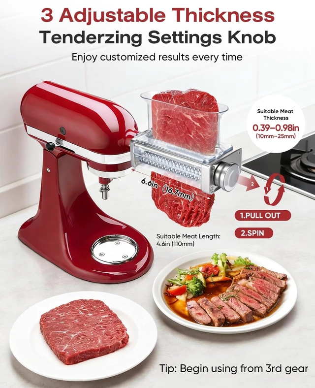 Alt view image 3 of 7 - 3-Adjust Stainless Steel Meat Tenderizer Attachment for KitchenAid Mixer