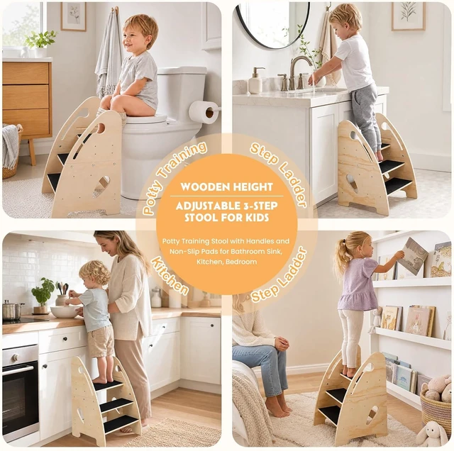 Alt view image 2 of 7 - Kitchen Step Stool for Toddler, Wooden 3-Step Stool for Kids,