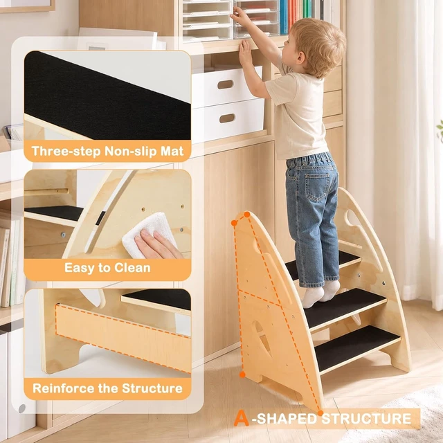 Alt view image 4 of 7 - Kitchen Step Stool for Toddler, Wooden 3-Step Stool for Kids,