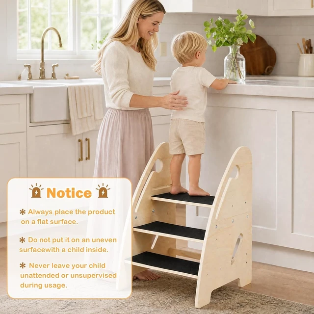 Alt view image 3 of 7 - Kitchen Step Stool for Toddler, Wooden 3-Step Stool for Kids,