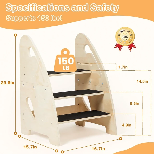 Alt view image 5 of 7 - Kitchen Step Stool for Toddler, Wooden 3-Step Stool for Kids,