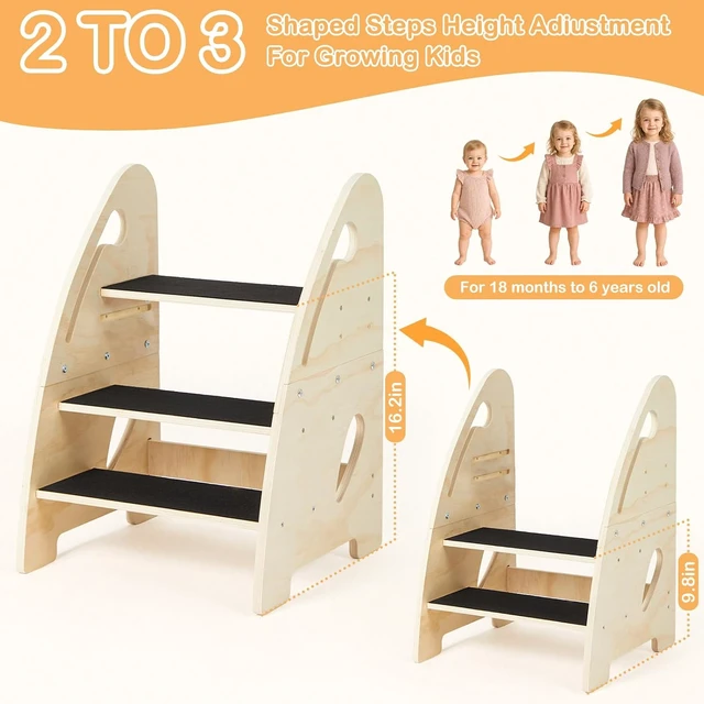 Alt view image 6 of 7 - Kitchen Step Stool for Toddler, Wooden 3-Step Stool for Kids,