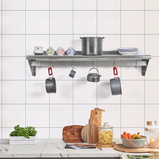 Alt view image 2 of 7 - Hally Stainless Steel Shelf with 4 Hooks 14"x24" Wall Mounted Pot Rack NSF