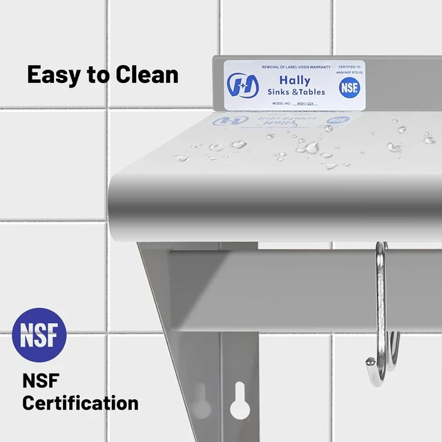 Alt view image 5 of 7 - Hally Stainless Steel Shelf with 4 Hooks 14"x24" Wall Mounted Pot Rack NSF