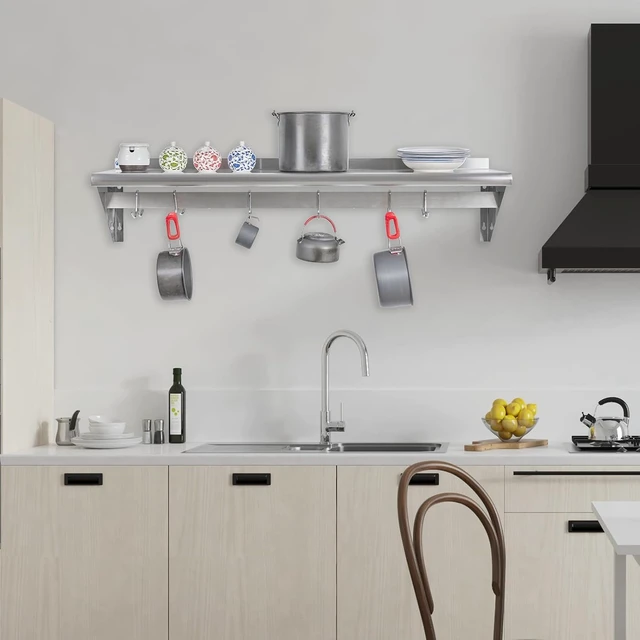 Alt view image 7 of 7 - Hally Stainless Steel Shelf with 4 Hooks 14"x24" Wall Mounted Pot Rack NSF