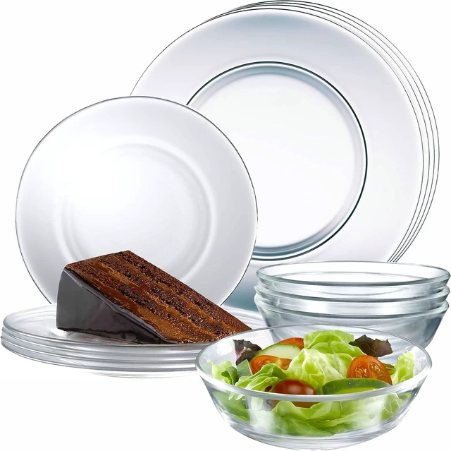 Main image of 12pc Glass Dinnerware Set - Sleek Round Clear Glass Plate and Bowl Sets - Dishwasher Safe, Bread & Butter Dinner, Dessert, Salad Plates & Serving Cereal Soup Bowls Dishes for Kitchen Dining & Parties