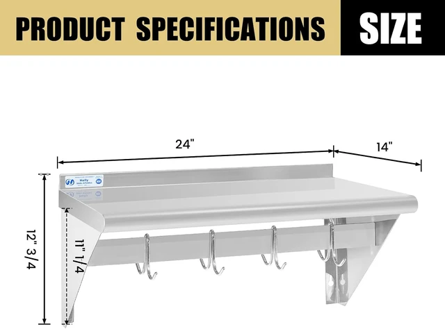 Alt view image 3 of 7 - Hally Stainless Steel Shelf with 4 Hooks 14"x24" Wall Mounted Pot Rack NSF