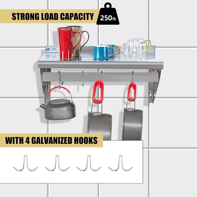 Alt view image 4 of 7 - Hally Stainless Steel Shelf with 4 Hooks 14"x24" Wall Mounted Pot Rack NSF