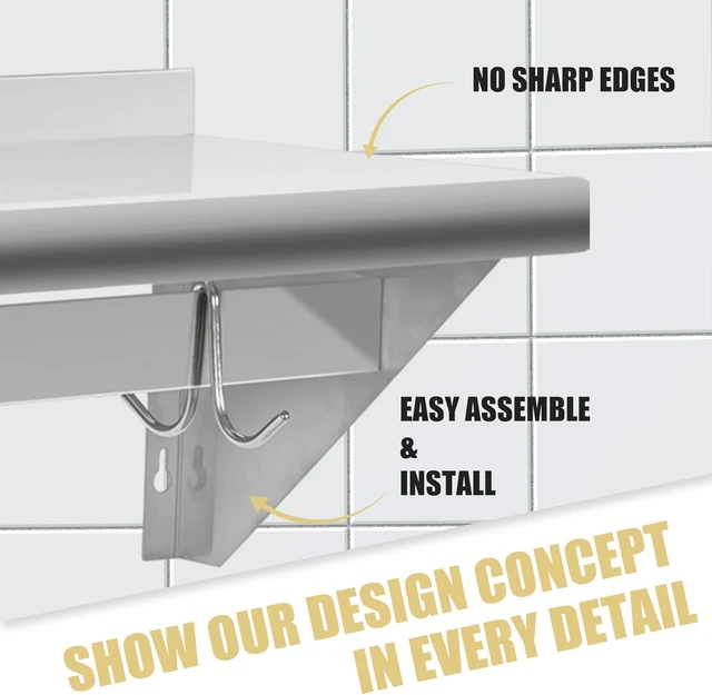 Alt view image 6 of 7 - Hally Stainless Steel Shelf with 4 Hooks 14"x24" Wall Mounted Pot Rack NSF