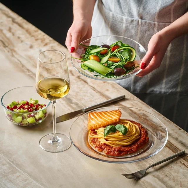 Alt view image 2 of 7 - 12pc Glass Dinnerware Set - Sleek Round Clear Glass Plate and Bowl Sets - Dishwasher Safe, Bread & Butter Dinner, Dessert, Salad Plates & Serving Cereal Soup Bowls Dishes for Kitchen Dining & Parties