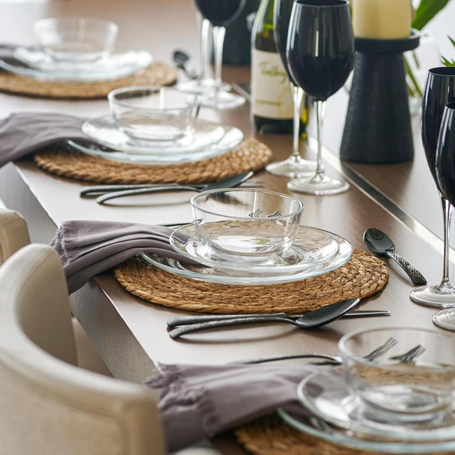 Alt view image 3 of 7 - 12pc Glass Dinnerware Set - Sleek Round Clear Glass Plate and Bowl Sets - Dishwasher Safe, Bread & Butter Dinner, Dessert, Salad Plates & Serving Cereal Soup Bowls Dishes for Kitchen Dining & Parties