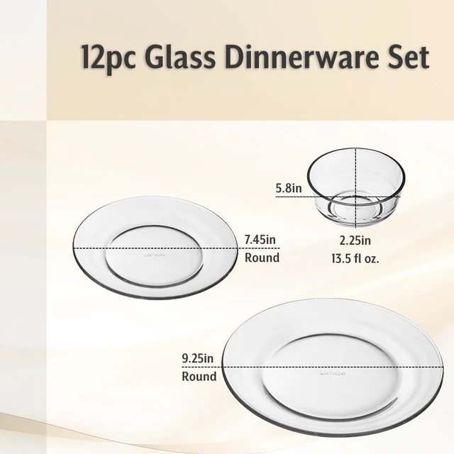 Alt view image 5 of 7 - 12pc Glass Dinnerware Set - Sleek Round Clear Glass Plate and Bowl Sets - Dishwasher Safe, Bread & Butter Dinner, Dessert, Salad Plates & Serving Cereal Soup Bowls Dishes for Kitchen Dining & Parties