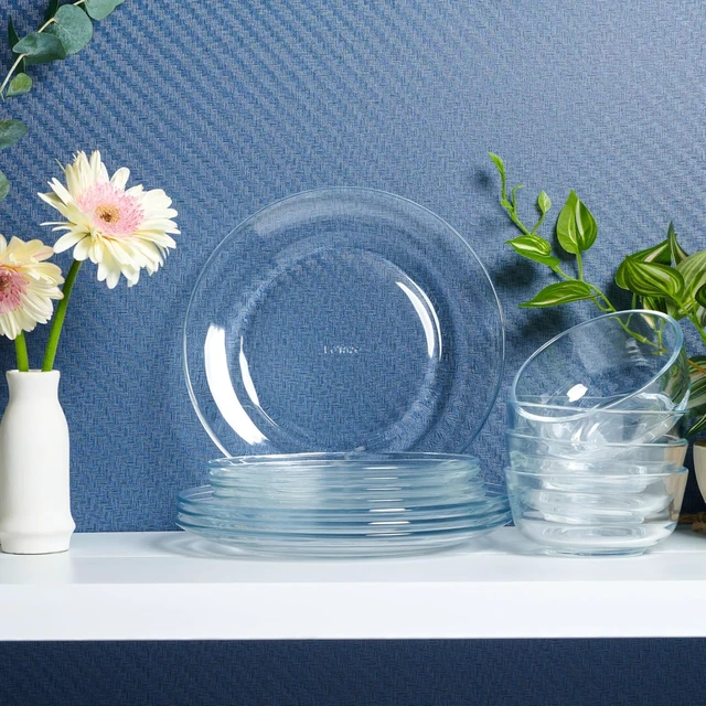 Alt view image 4 of 7 - 12pc Glass Dinnerware Set - Sleek Round Clear Glass Plate and Bowl Sets - Dishwasher Safe, Bread & Butter Dinner, Dessert, Salad Plates & Serving Cereal Soup Bowls Dishes for Kitchen Dining & Parties