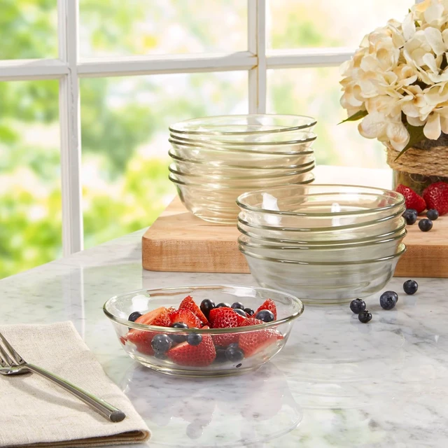 Alt view image 7 of 7 - 12pc Glass Dinnerware Set - Sleek Round Clear Glass Plate and Bowl Sets - Dishwasher Safe, Bread & Butter Dinner, Dessert, Salad Plates & Serving Cereal Soup Bowls Dishes for Kitchen Dining & Parties