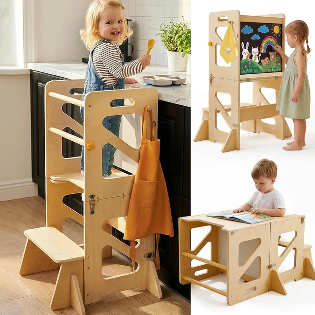 Main image of Toddler Kitchen Stool, 4 in 1 Foldable Toddler Tower with Anti-tip Structure, Montessori Learning Standing Tower for Kitchen Counter & Bathroom Sink, Kitchen Stool Helper for Kids 18M+