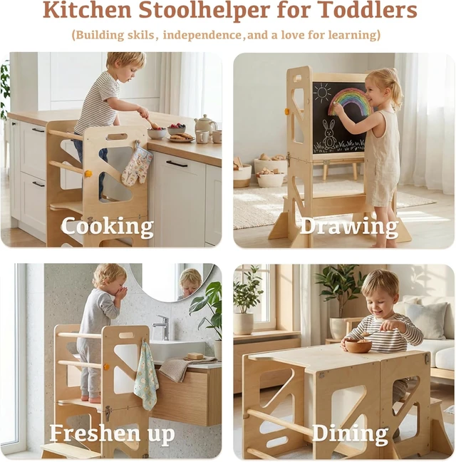 Alt view image 5 of 7 - Toddler Kitchen Stool, 4 in 1 Foldable Toddler Tower with Anti-tip Structure, Montessori Learning Standing Tower for Kitchen Counter & Bathroom Sink, Kitchen Stool Helper for Kids 18M+