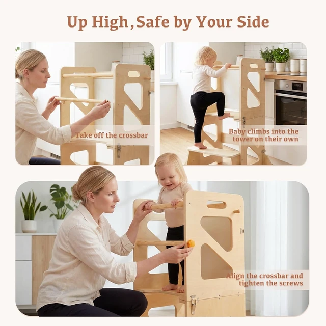Alt view image 4 of 7 - Toddler Kitchen Stool, 4 in 1 Foldable Toddler Tower with Anti-tip Structure, Montessori Learning Standing Tower for Kitchen Counter & Bathroom Sink, Kitchen Stool Helper for Kids 18M+