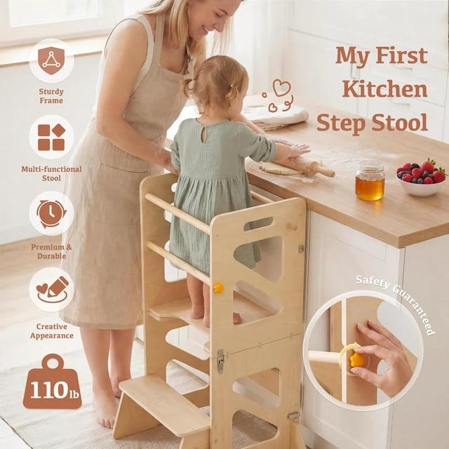 Alt view image 2 of 7 - Toddler Kitchen Stool, 4 in 1 Foldable Toddler Tower with Anti-tip Structure, Montessori Learning Standing Tower for Kitchen Counter & Bathroom Sink, Kitchen Stool Helper for Kids 18M+