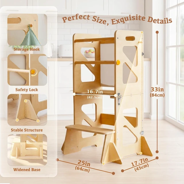 Alt view image 3 of 7 - Toddler Kitchen Stool, 4 in 1 Foldable Toddler Tower with Anti-tip Structure, Montessori Learning Standing Tower for Kitchen Counter & Bathroom Sink, Kitchen Stool Helper for Kids 18M+