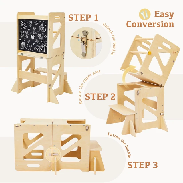Alt view image 6 of 7 - Toddler Kitchen Stool, 4 in 1 Foldable Toddler Tower with Anti-tip Structure, Montessori Learning Standing Tower for Kitchen Counter & Bathroom Sink, Kitchen Stool Helper for Kids 18M+