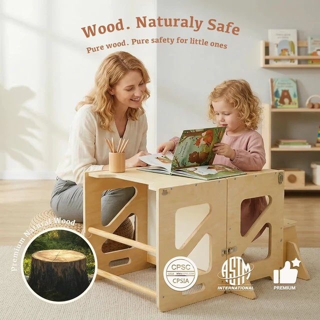 Alt view image 7 of 7 - Toddler Kitchen Stool, 4 in 1 Foldable Toddler Tower with Anti-tip Structure, Montessori Learning Standing Tower for Kitchen Counter & Bathroom Sink, Kitchen Stool Helper for Kids 18M+