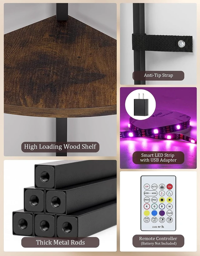 Alt view image 2 of 7 - Corner Shelf with LED Light, 5 Tier Smart Color Changing Floor Lamp with Remote, 62" Display Shelf Bookshelf Narrow Storage Rack Standing Lamp for Living Room Bedroom Home Office Decor, Brown