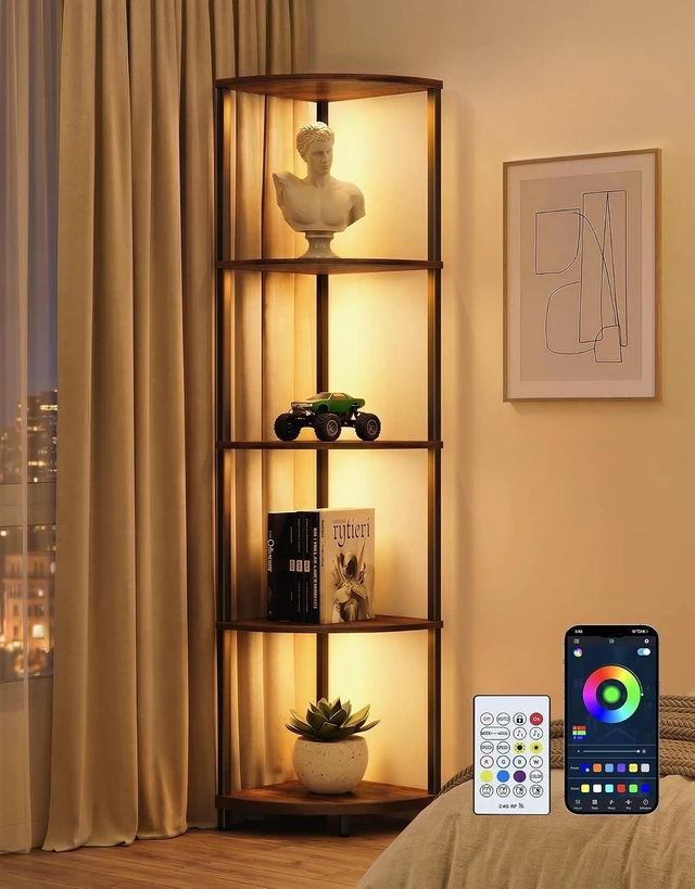 Main image of Corner Shelf with LED Light, 5 Tier Smart Color Changing Floor Lamp with Remote, 62" Display Shelf Bookshelf Narrow Storage Rack Standing Lamp for Living Room Bedroom Home Office Decor, Brown