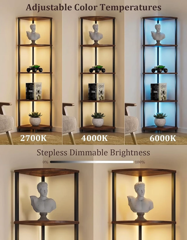 Alt view image 3 of 7 - Corner Shelf with LED Light, 5 Tier Smart Color Changing Floor Lamp with Remote, 62" Display Shelf Bookshelf Narrow Storage Rack Standing Lamp for Living Room Bedroom Home Office Decor, Brown