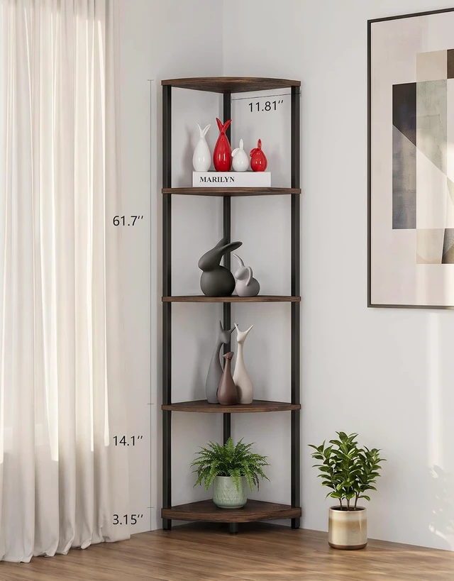Alt view image 5 of 7 - Corner Shelf with LED Light, 5 Tier Smart Color Changing Floor Lamp with Remote, 62" Display Shelf Bookshelf Narrow Storage Rack Standing Lamp for Living Room Bedroom Home Office Decor, Brown