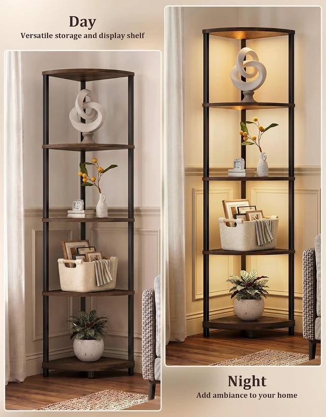 Alt view image 7 of 7 - Corner Shelf with LED Light, 5 Tier Smart Color Changing Floor Lamp with Remote, 62" Display Shelf Bookshelf Narrow Storage Rack Standing Lamp for Living Room Bedroom Home Office Decor, Brown