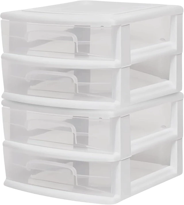 Main image of 2 Drawer Storage Cart, Wide Plastic Container, White Frame, 2 Pack