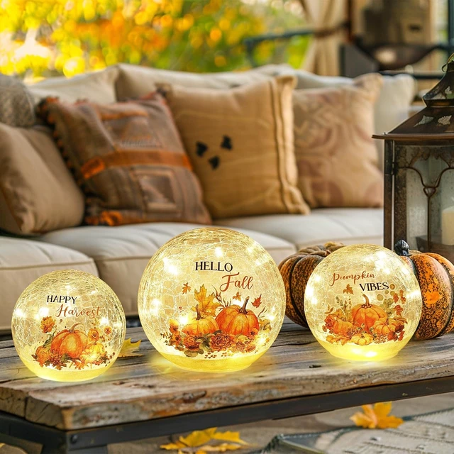 Alt view image 2 of 6 - Fall Table Decor, Set of 3 Sparkling Crackle Glass Ball with LED Lights Timer Pumpkin Gnomes for Thanksgiving Decor, Autumn Centerpieces Thanksgiving Decorations for HomeTabletop Mantel Indoor