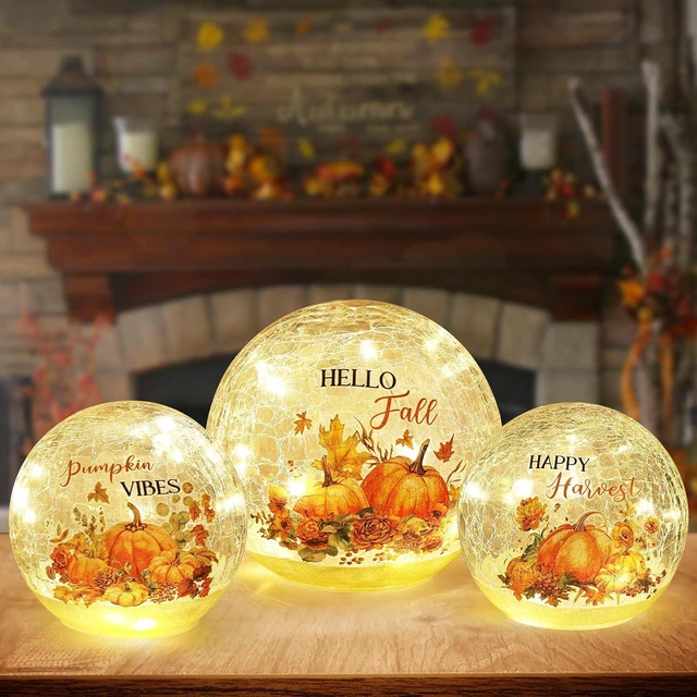 Main image of Fall Table Decor, Set of 3 Sparkling Crackle Glass Ball with LED Lights Timer Pumpkin Gnomes for Thanksgiving Decor, Autumn Centerpieces Thanksgiving Decorations for HomeTabletop Mantel Indoor