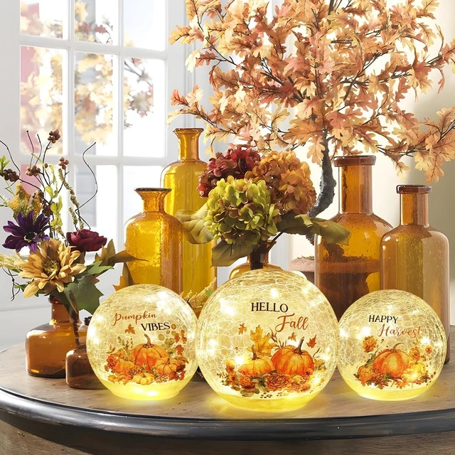 Alt view image 3 of 6 - Fall Table Decor, Set of 3 Sparkling Crackle Glass Ball with LED Lights Timer Pumpkin Gnomes for Thanksgiving Decor, Autumn Centerpieces Thanksgiving Decorations for HomeTabletop Mantel Indoor