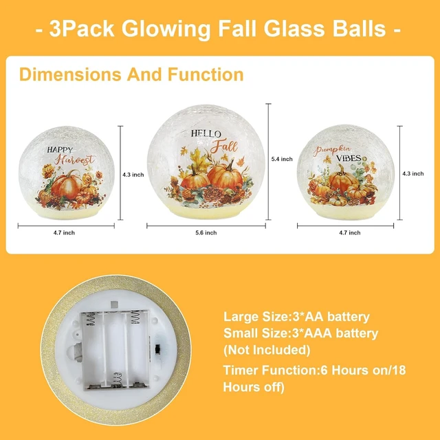 Alt view image 4 of 6 - Fall Table Decor, Set of 3 Sparkling Crackle Glass Ball with LED Lights Timer Pumpkin Gnomes for Thanksgiving Decor, Autumn Centerpieces Thanksgiving Decorations for HomeTabletop Mantel Indoor