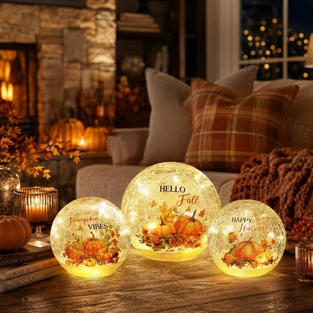 Alt view image 5 of 6 - Fall Table Decor, Set of 3 Sparkling Crackle Glass Ball with LED Lights Timer Pumpkin Gnomes for Thanksgiving Decor, Autumn Centerpieces Thanksgiving Decorations for HomeTabletop Mantel Indoor