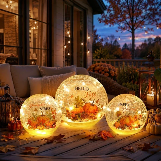 Alt view image 6 of 6 - Fall Table Decor, Set of 3 Sparkling Crackle Glass Ball with LED Lights Timer Pumpkin Gnomes for Thanksgiving Decor, Autumn Centerpieces Thanksgiving Decorations for HomeTabletop Mantel Indoor