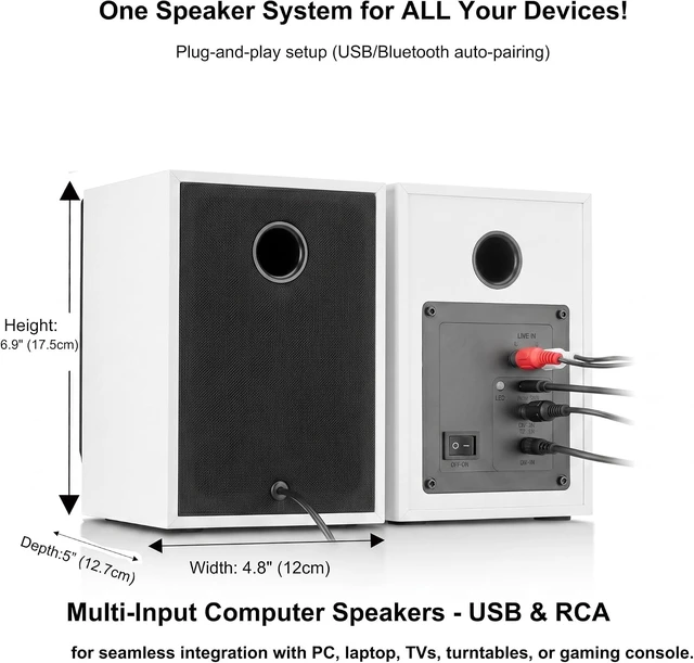 Alt view image 5 of 7 - Powered Computer Speakers for Desktop PC and Music, White Pair